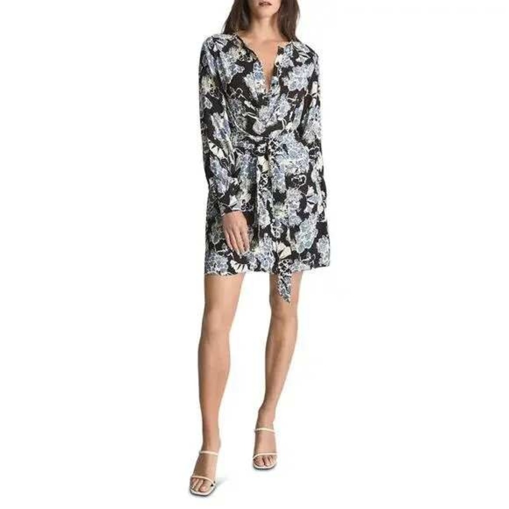 REISS Floral Print Long Sleeve V Neck Mini Dress Blue Black White Size 2
